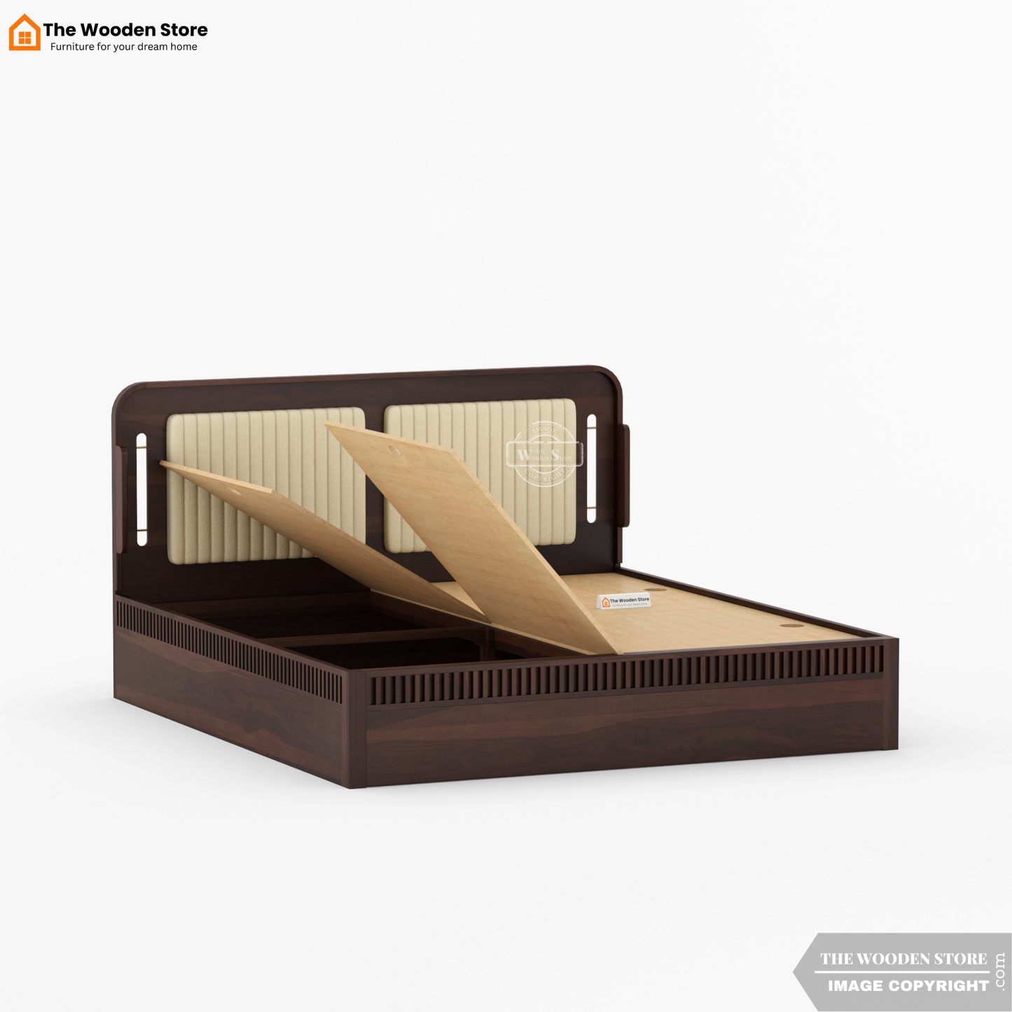 Liam Upholstered Bed With Box Storage (King Size, Walnut Finish)