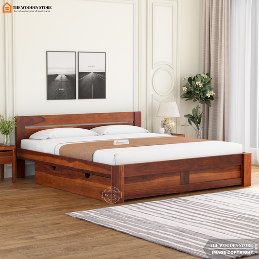 Jasper Bed with Drawer Storage (Queen Size, Honey Finish)