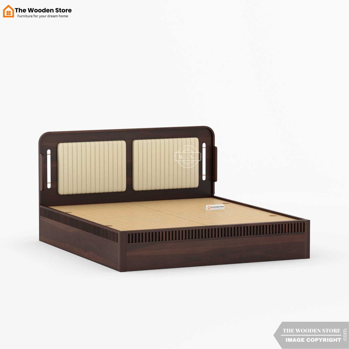 Liam Upholstered Bed With Box Storage (King Size, Walnut Finish)
