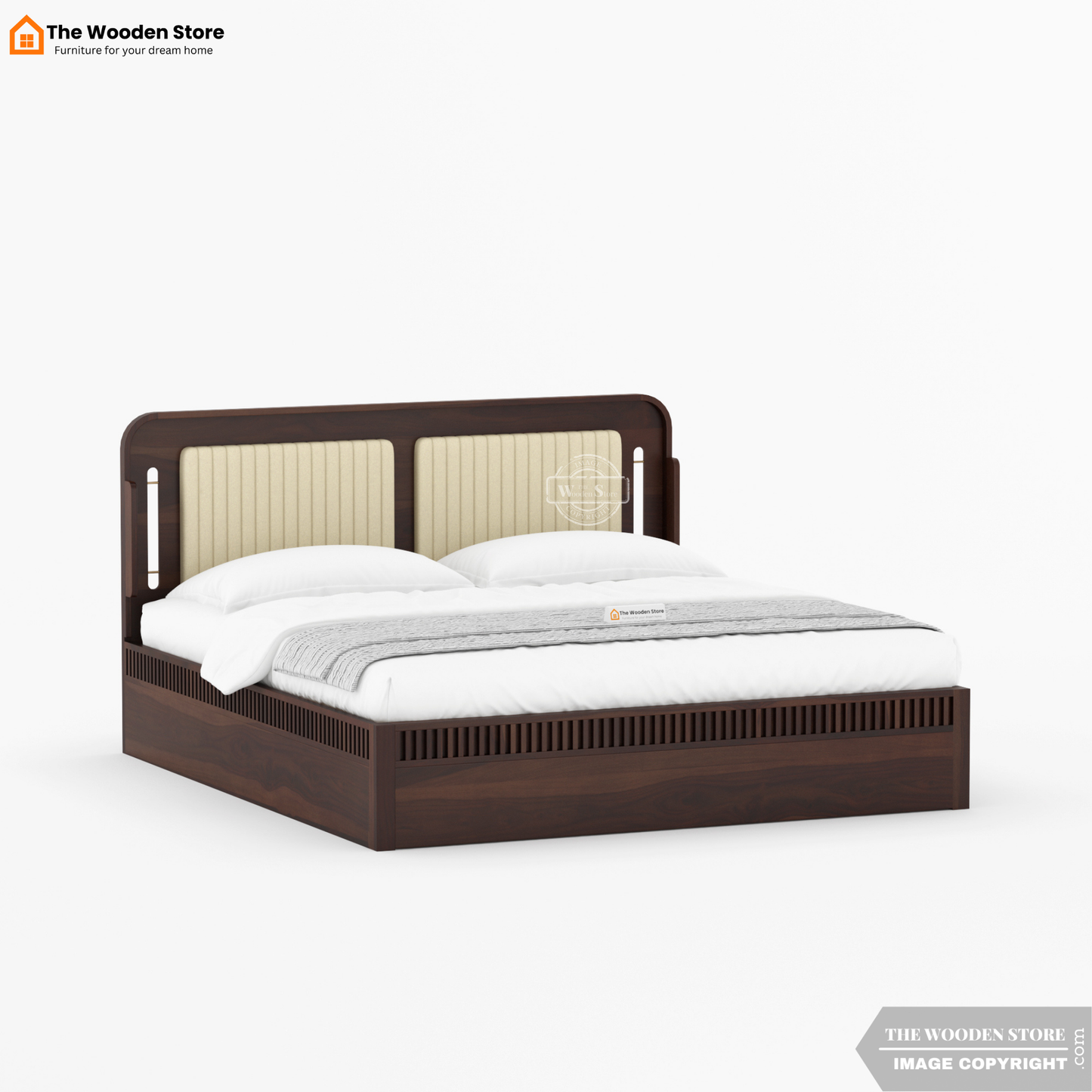 Liam Upholstered Bed With Box Storage (King Size, Walnut Finish)