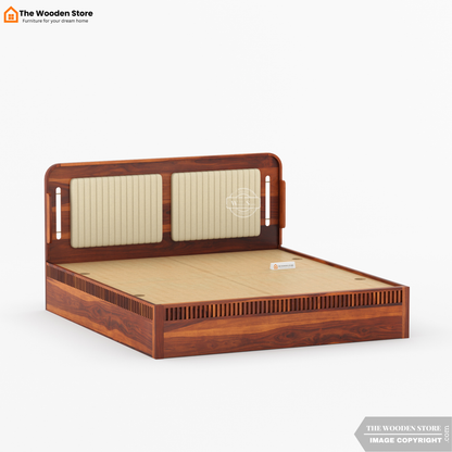 Liam Upholstered Bed With Box Storage (Queen Size, Honey Finish)