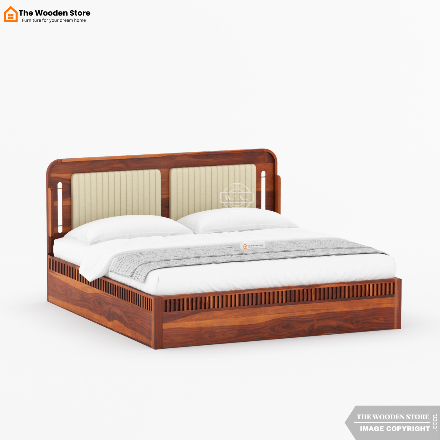 Liam Upholstered Bed With Box Storage (Queen Size, Honey Finish)