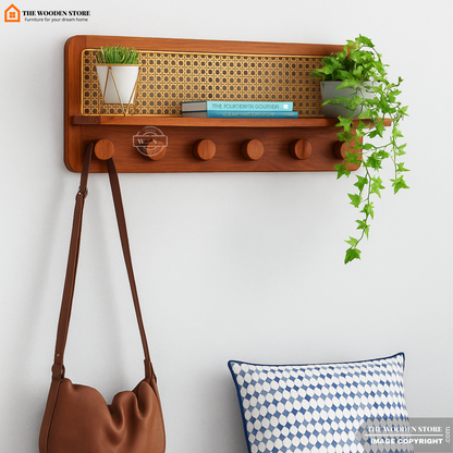 Remi Wall Shelf with Key Holders (Honey Finish)