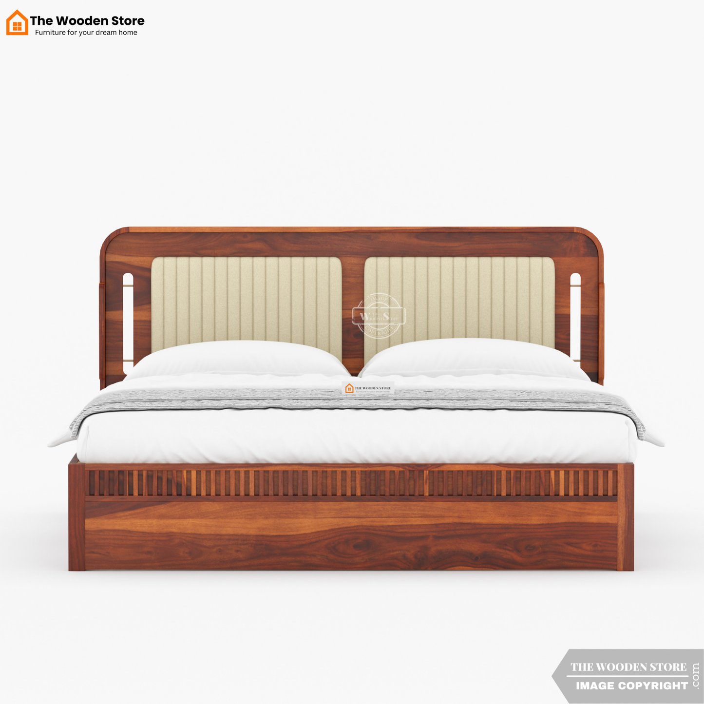 Liam Upholstered Bed With Box Storage (Queen Size, Honey Finish)