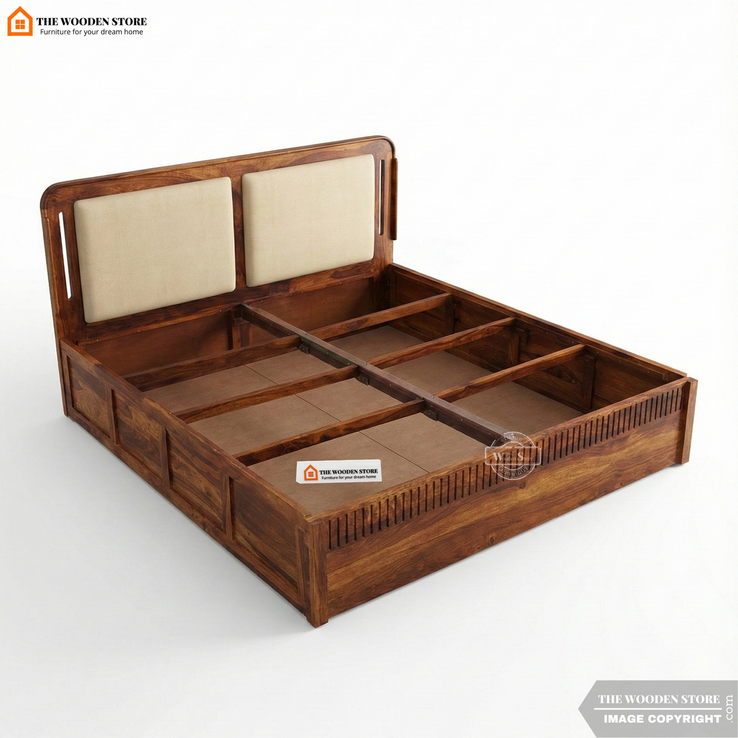 Liam Bed With Box Storage (Queen Size, Honey Finish)