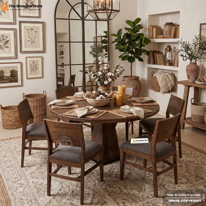 Rivington 6 Seater Round Dining Table Set (Classic Walnut Finish)