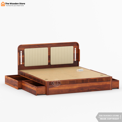Liam Upholstered Bed with Drawer Storage (King Size, Honey Finish)