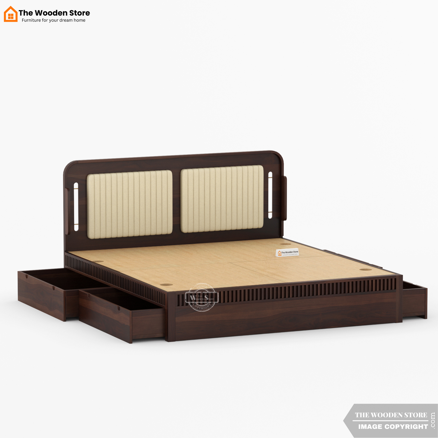Liam Upholstered Bed with Drawer Storage (Queen Size, Walnut Finish)