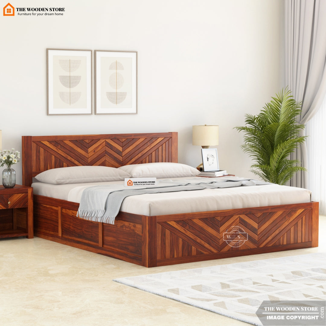 Keyin Bed Kyron Bed With Box Storage ( King Size, Honey Finish ) – The Wooden Store