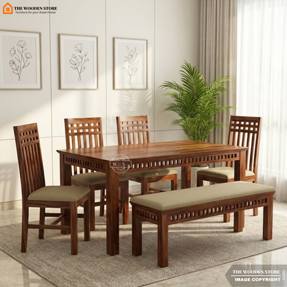 Donald 6 Seater Dining Table Set With Bench (Honey Finish)