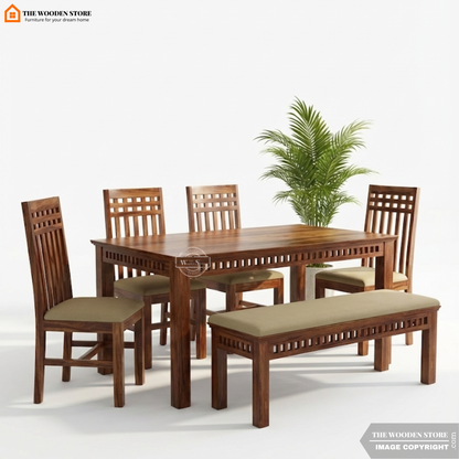 Donald 6 Seater Dining Table Set With Bench (Honey Finish)