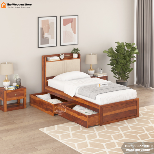 Jensen Upholstered Single Bed With Storage (Honey Finish)