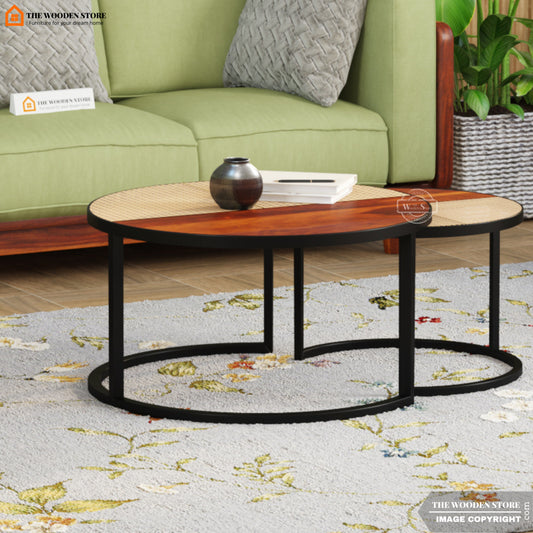 Jeffers Set of 2 Nested Coffee Table with Cane Top (Honey Finish)