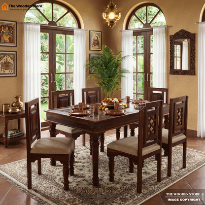 Royal Brass and Tiles 6 Seater Dining Table Set (Walnut Finish)