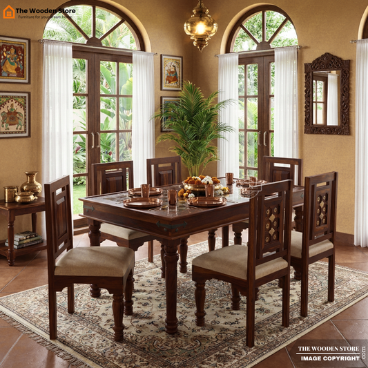 Royal Brass and Tiles 6 Seater Dining Table Set (Walnut Finish)