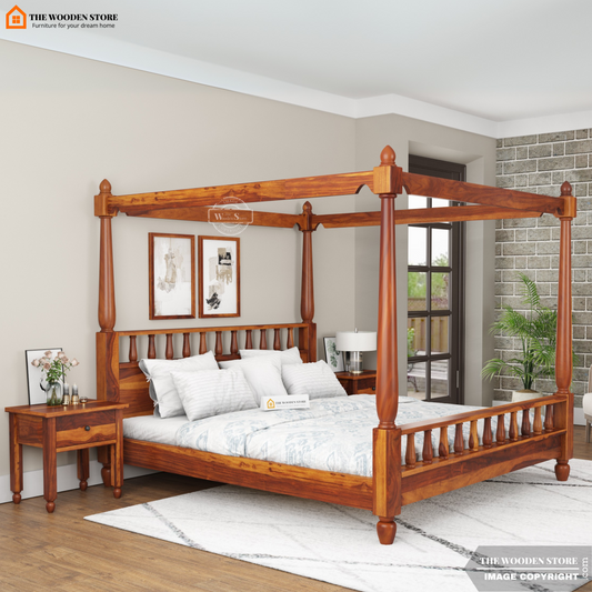 Albus Poster Bed Without Storage (King Size, Honey Finish)