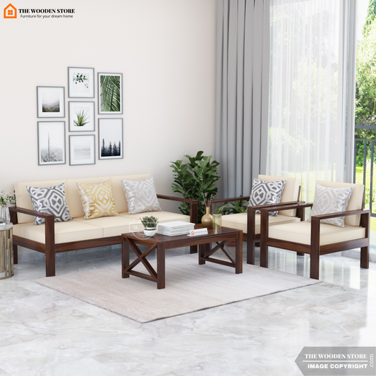 Romy 3+1+1 Wooden Sofa Set (Walnut Finish)
