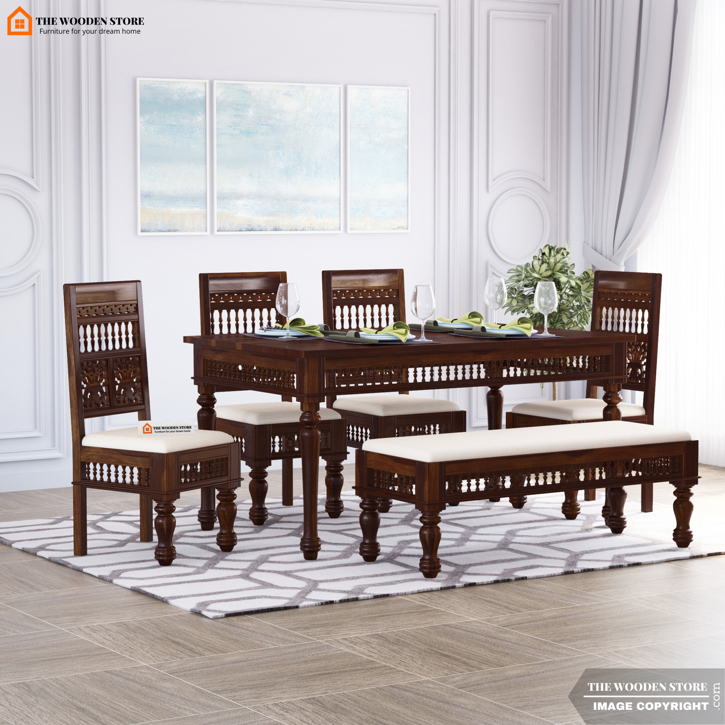 Ekatra 6 Seater Dining Set With Bench (Walnut Finish)