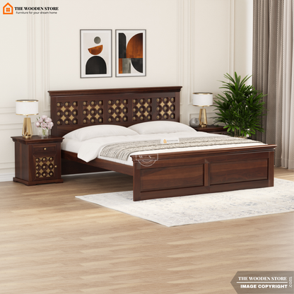 Indi Brass Bed without Storage (Queen Size, Walnut Finish)