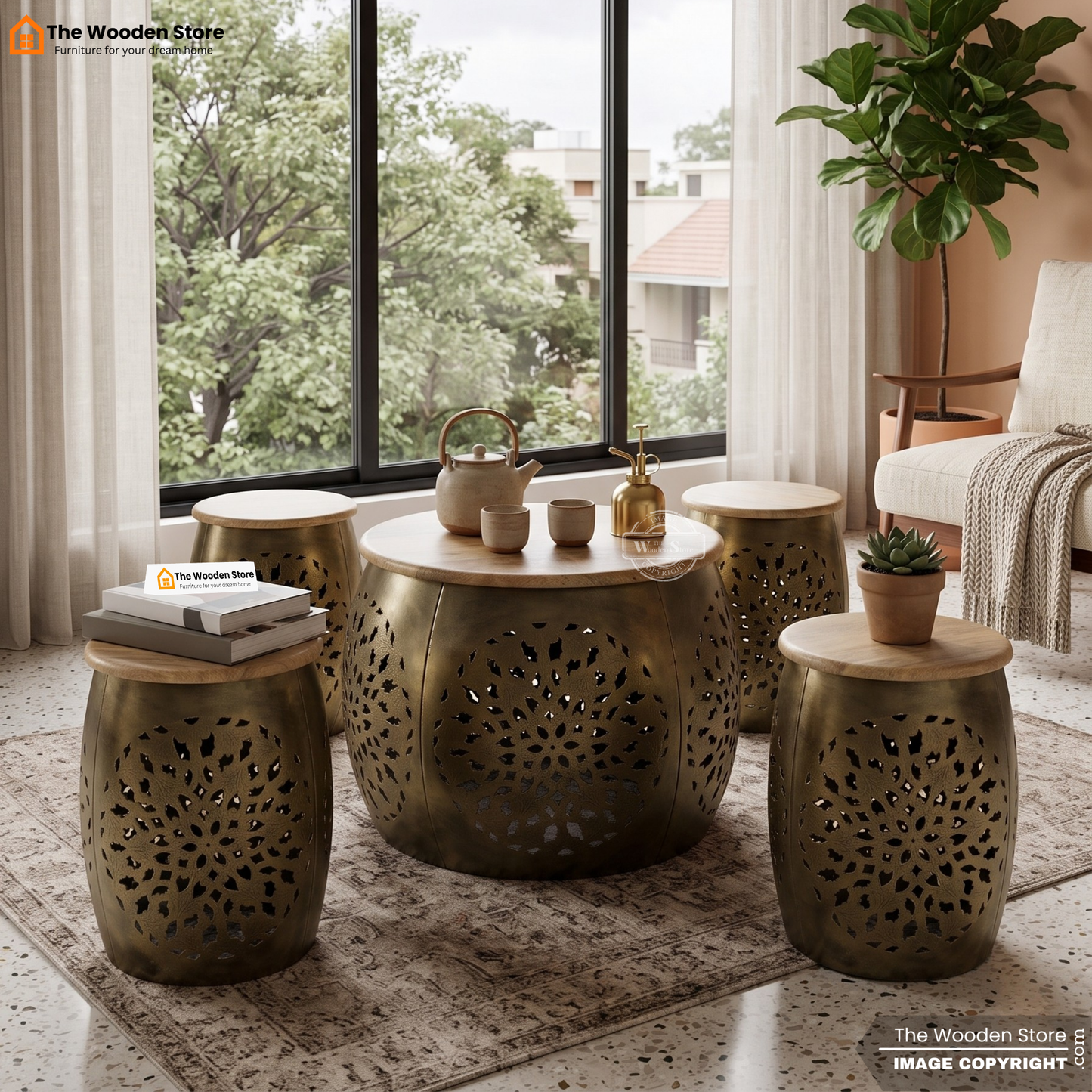 Arab Metal Coffee Table Set of 5 (Natural Finish)