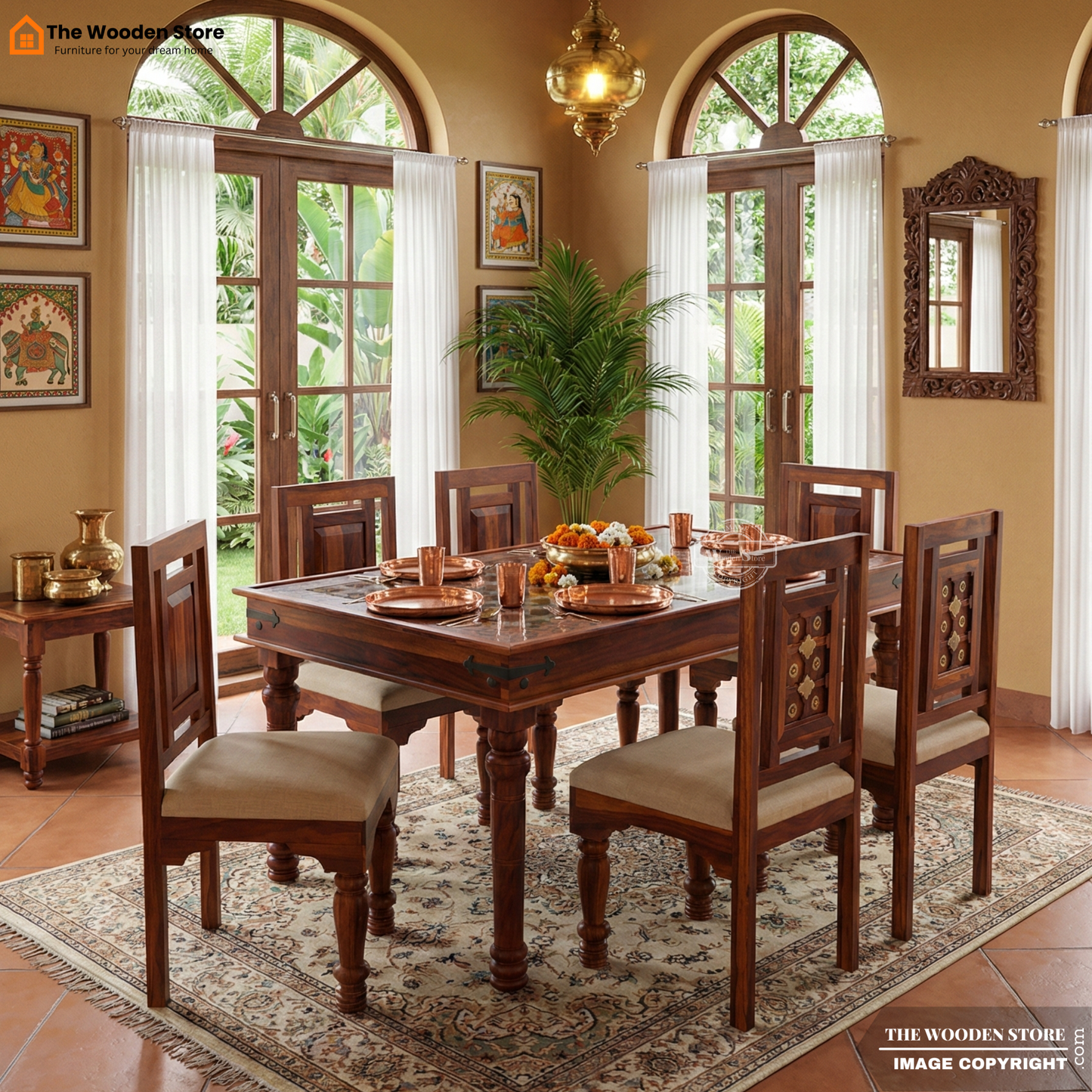 Royal Brass and Tiles 6 Seater Dining Table Set (Honey Finish)