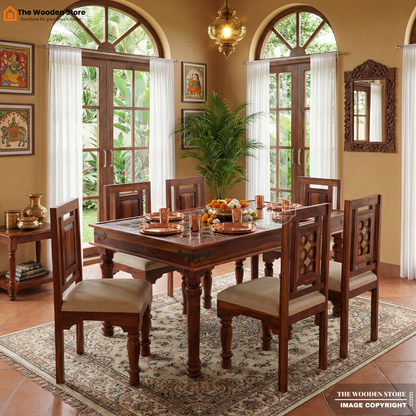 Royal Brass and Tiles 6 Seater Dining Table Set (Honey Finish)