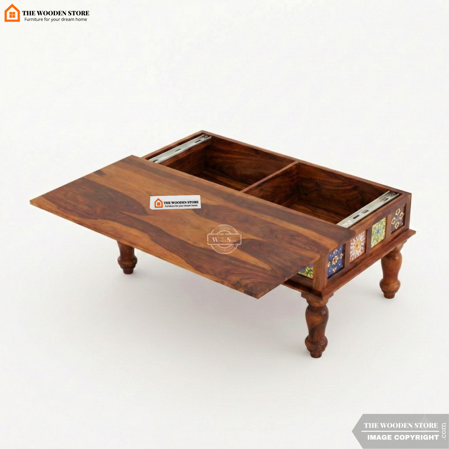 Bunny Sheesham Wood Coffee Table with Ceramic Tiles and Storage (Honey Finish)