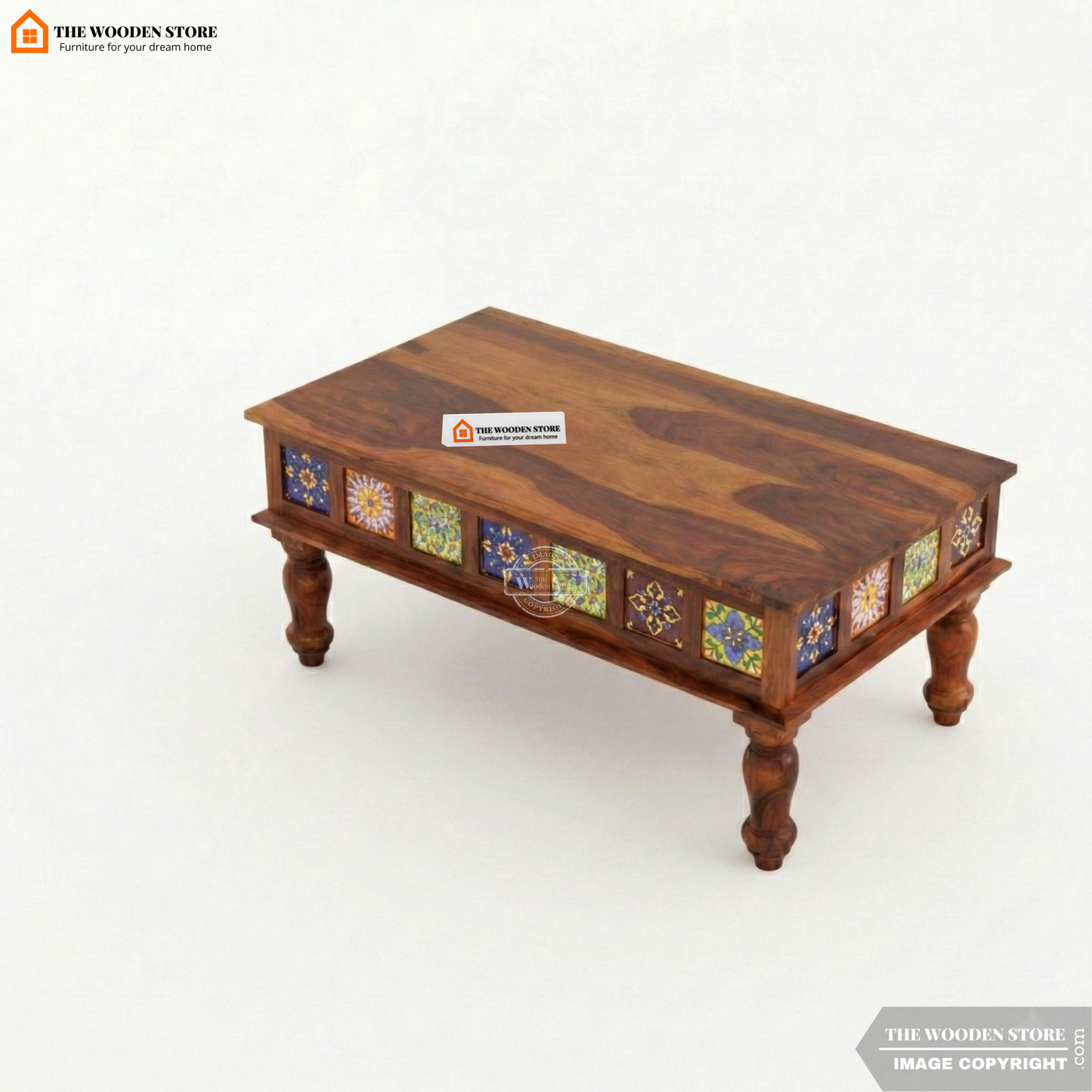 Bunny Sheesham Wood Coffee Table with Ceramic Tiles and Storage (Honey Finish)