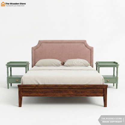 Roselle Upholstered Sheesham Bed without Storage (King Size, Honey Finish)