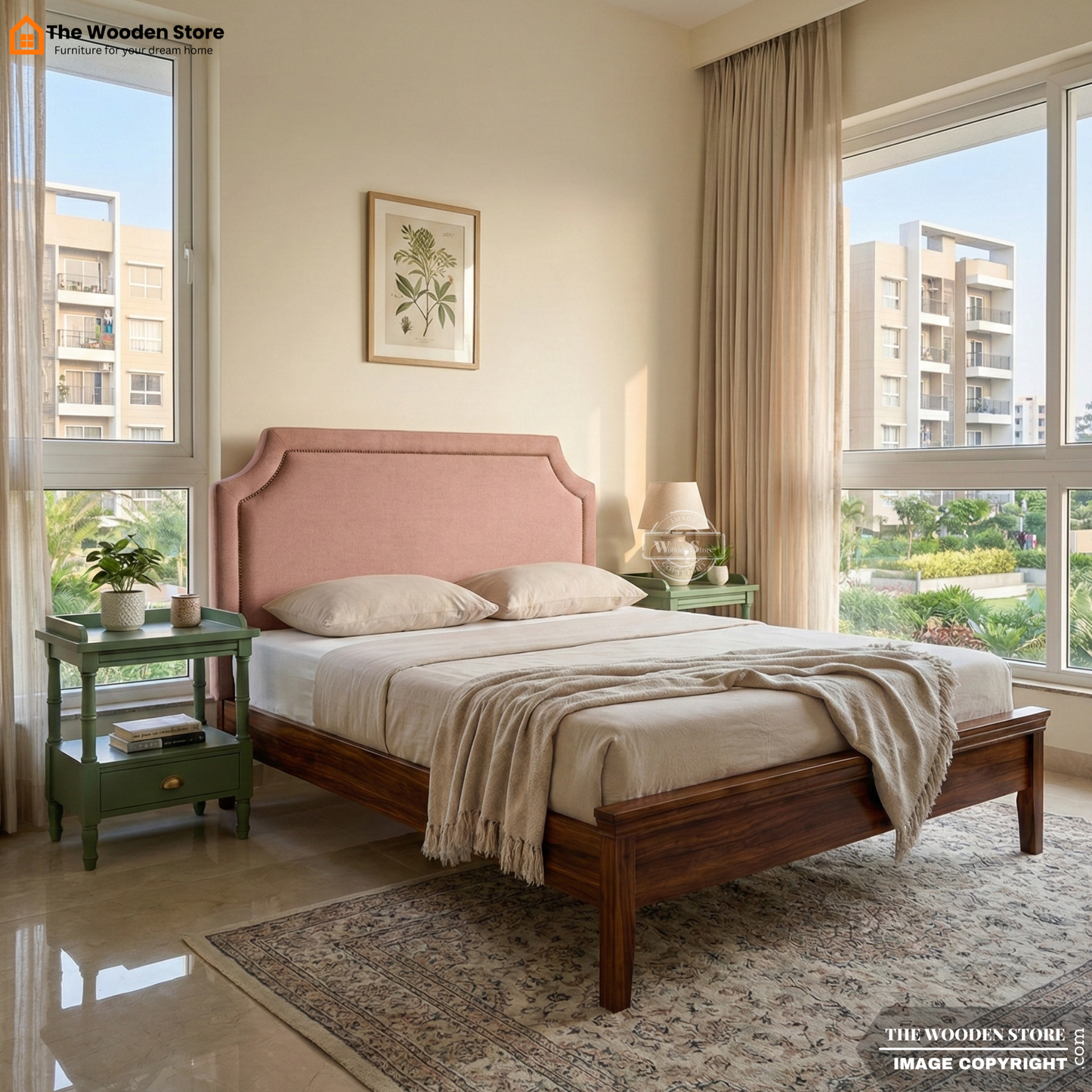 Roselle Upholstered Sheesham Bed without Storage (King Size, Honey Finish)