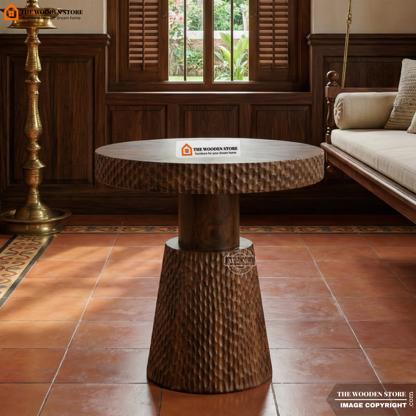 Sthira Carved Mango Wood Coffee Table (Walnut Finish)