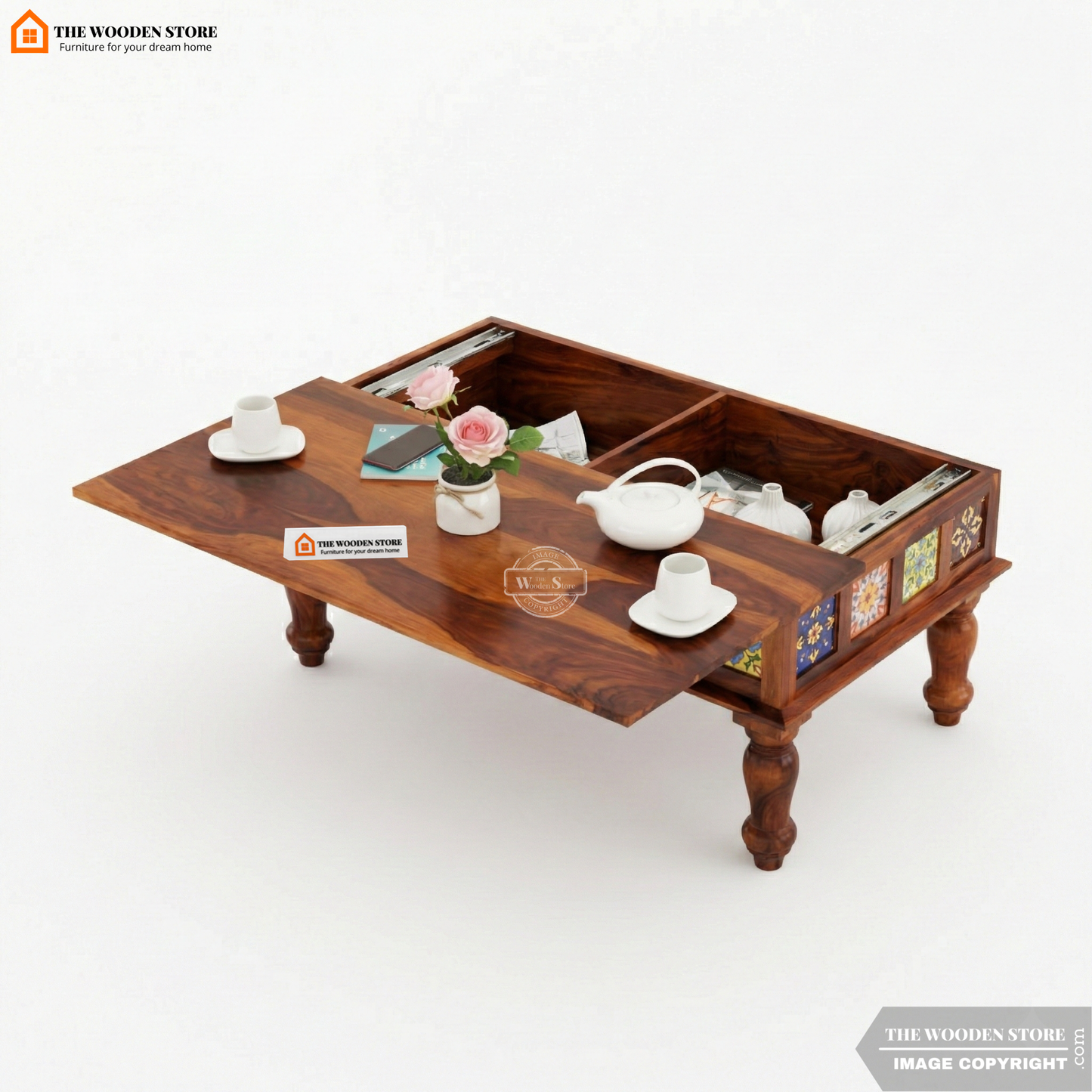 Bunny Sheesham Wood Coffee Table with Ceramic Tiles and Storage (Honey Finish)
