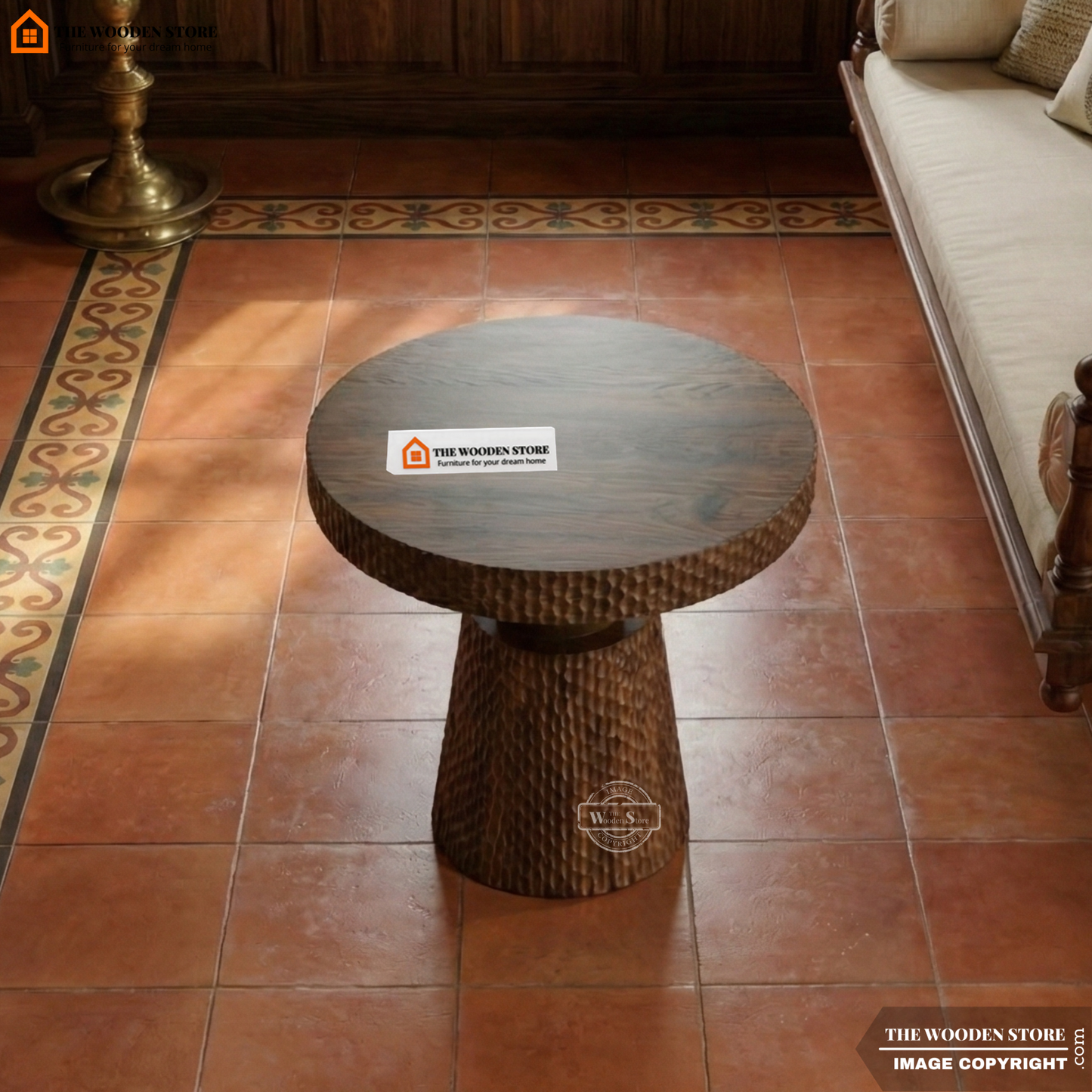 Sthira Carved Mango Wood Coffee Table (Walnut Finish)