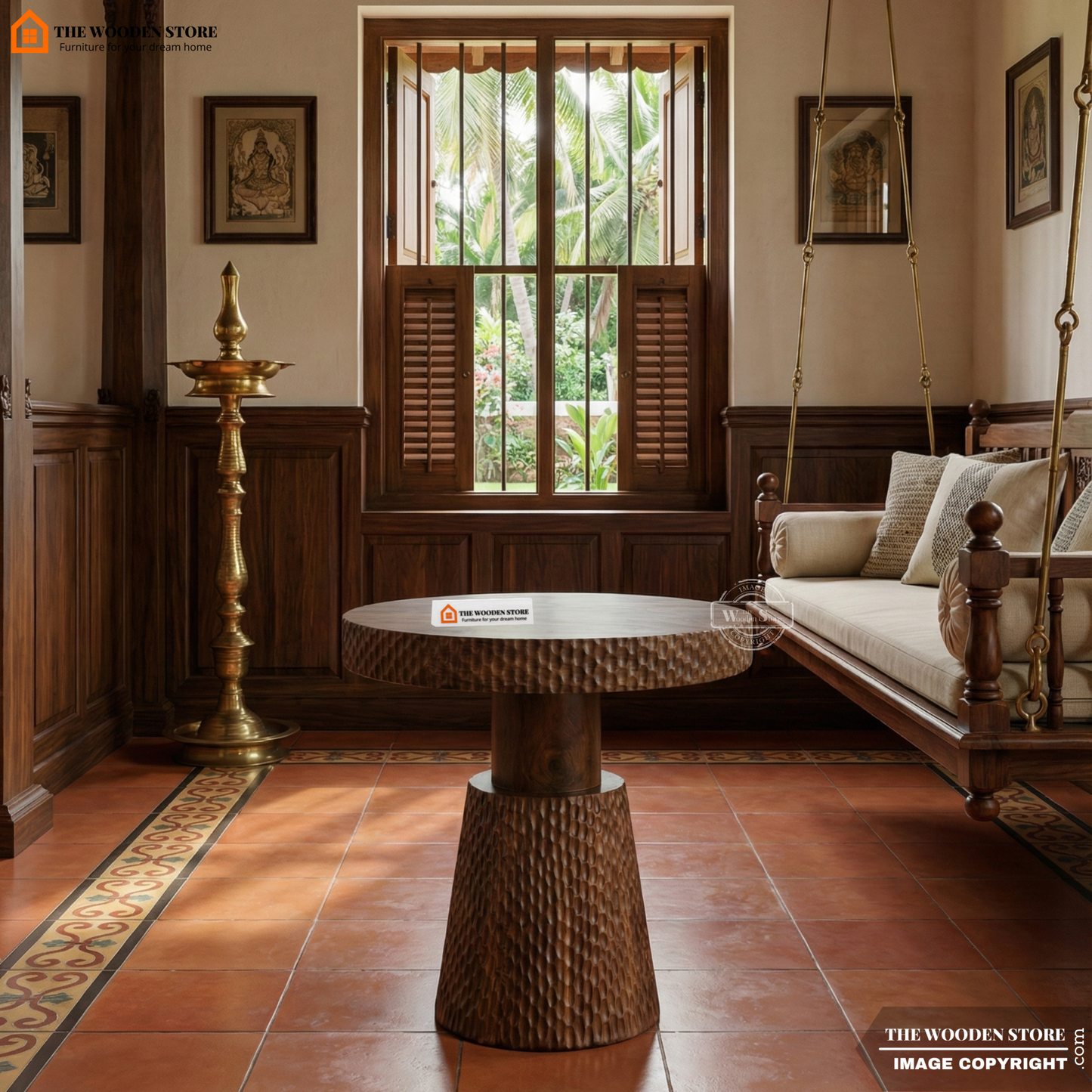 Sthira Carved Mango Wood Coffee Table (Walnut Finish)