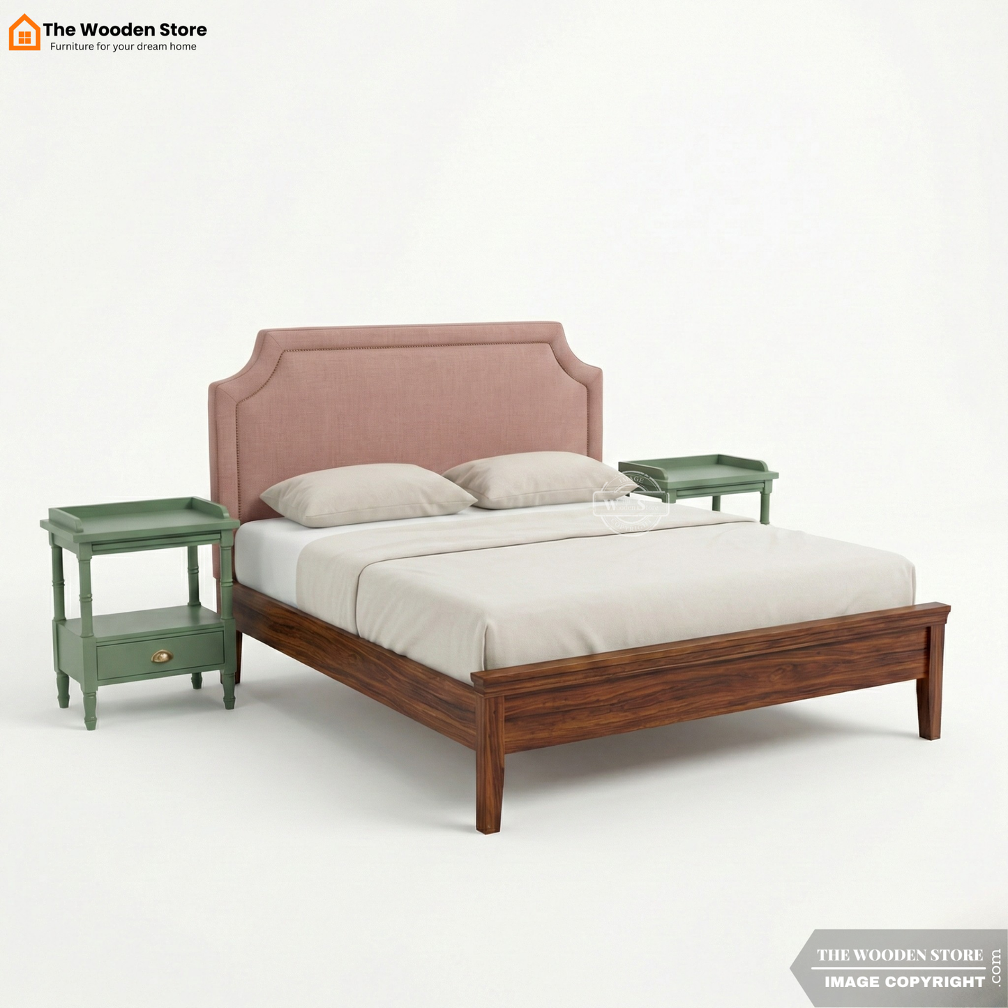 Roselle Upholstered Sheesham Bed without Storage (King Size, Honey Finish)