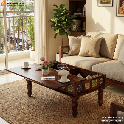 Bunny Sheesham Wood Coffee Table with Ceramic Tiles and Storage (Honey Finish)